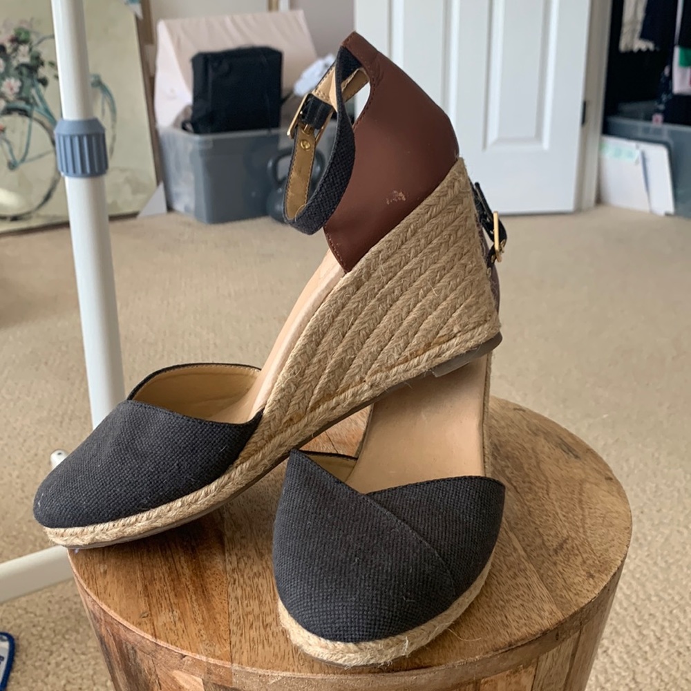 Me Too Black and Brown Espadrille Wedges